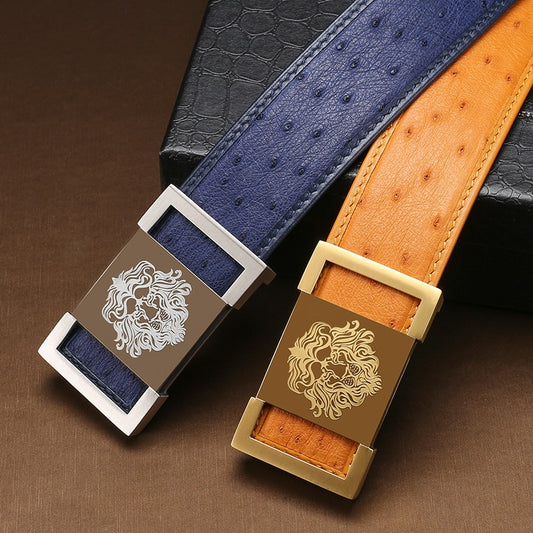 Noble Ostrich Leather Belt Men Genuine Leather Belts Metal Lion Buckle Design