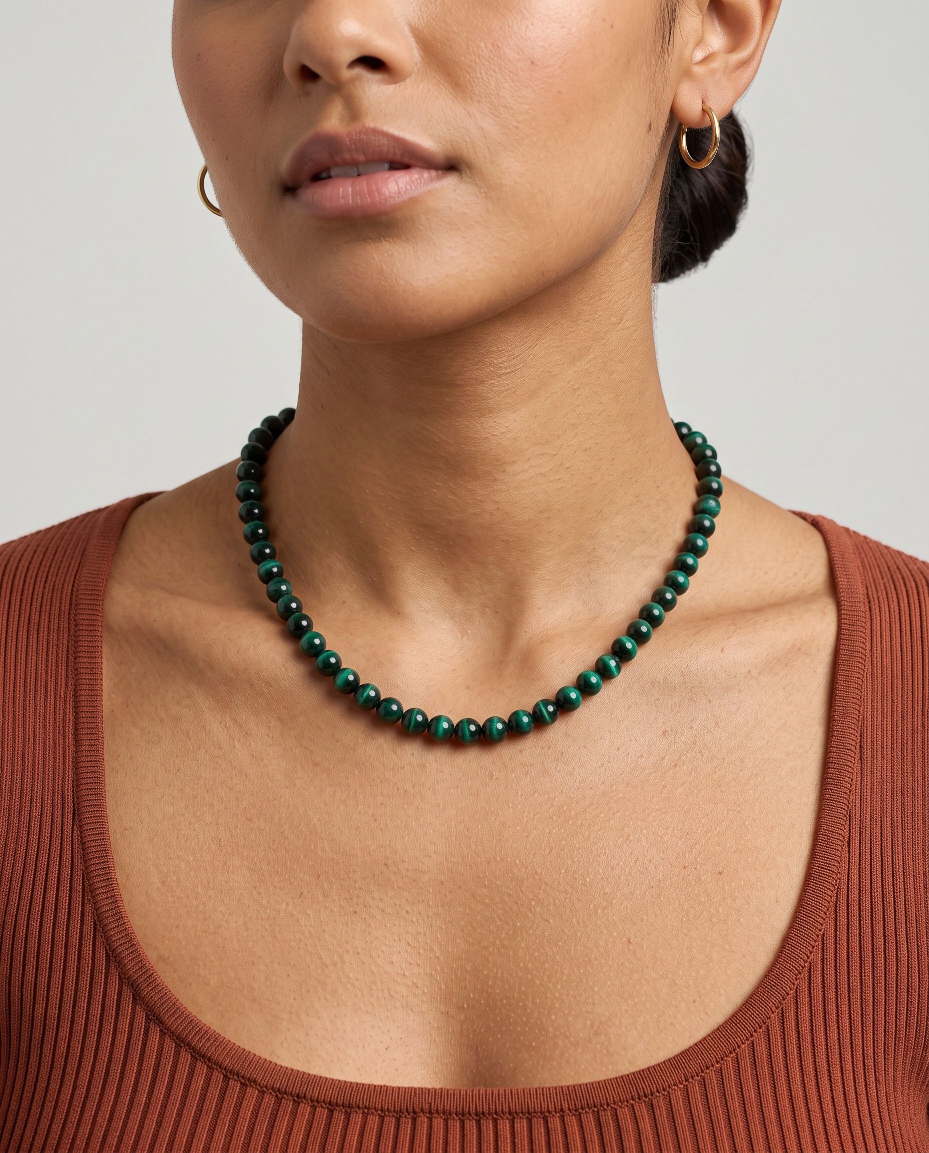 Fern Green Tiger's Eye necklace, worn