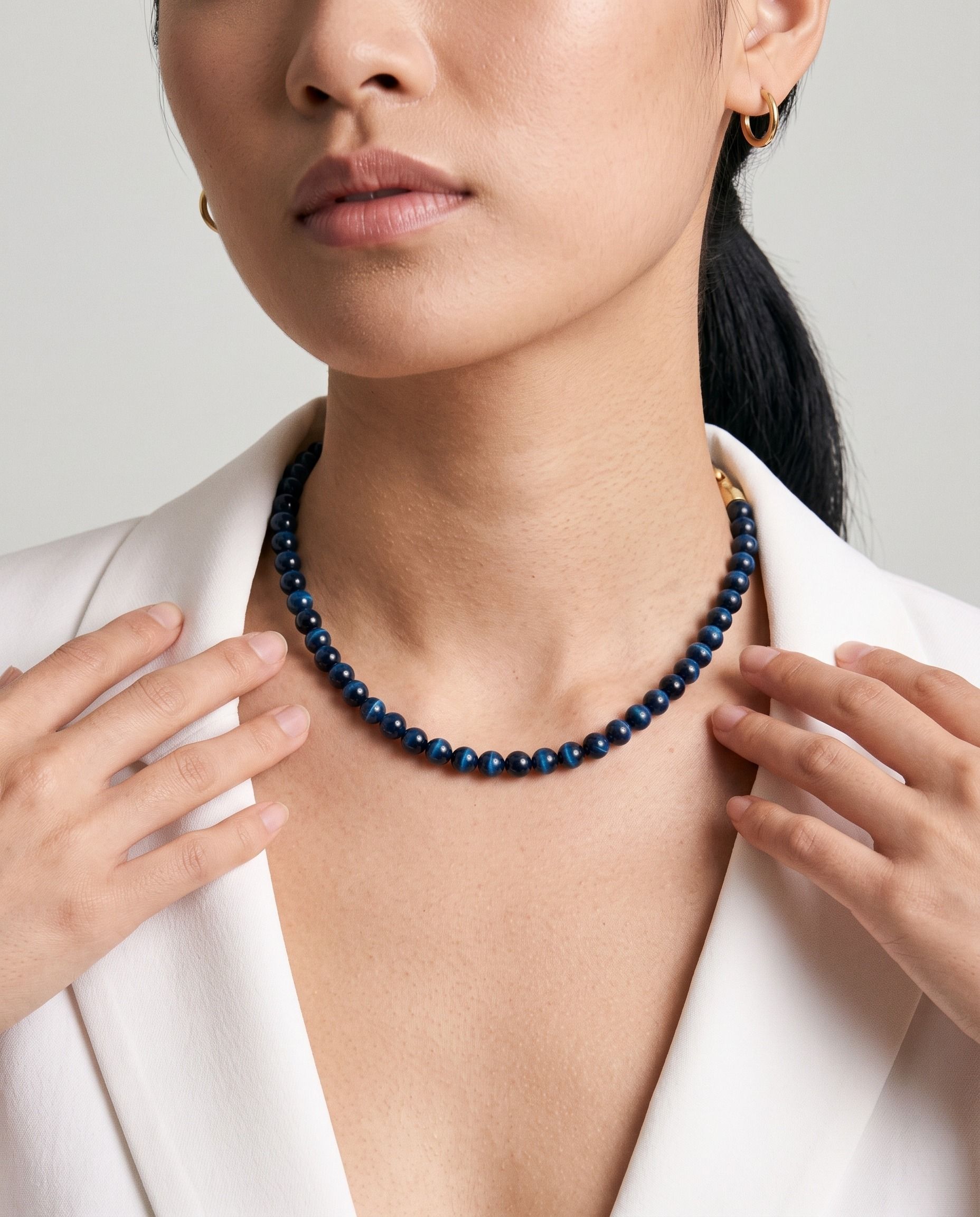 Tide Blue Tiger's Eye necklace, worn