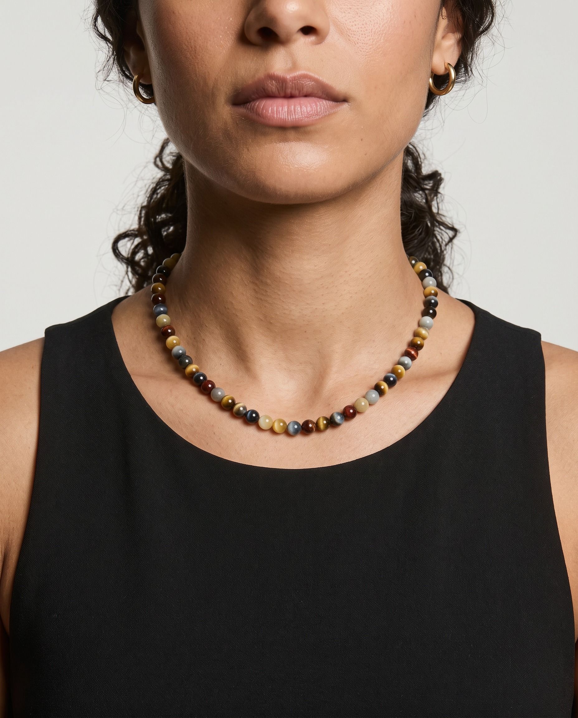 Mosaic Multicolour Tiger's Eye necklace, worn