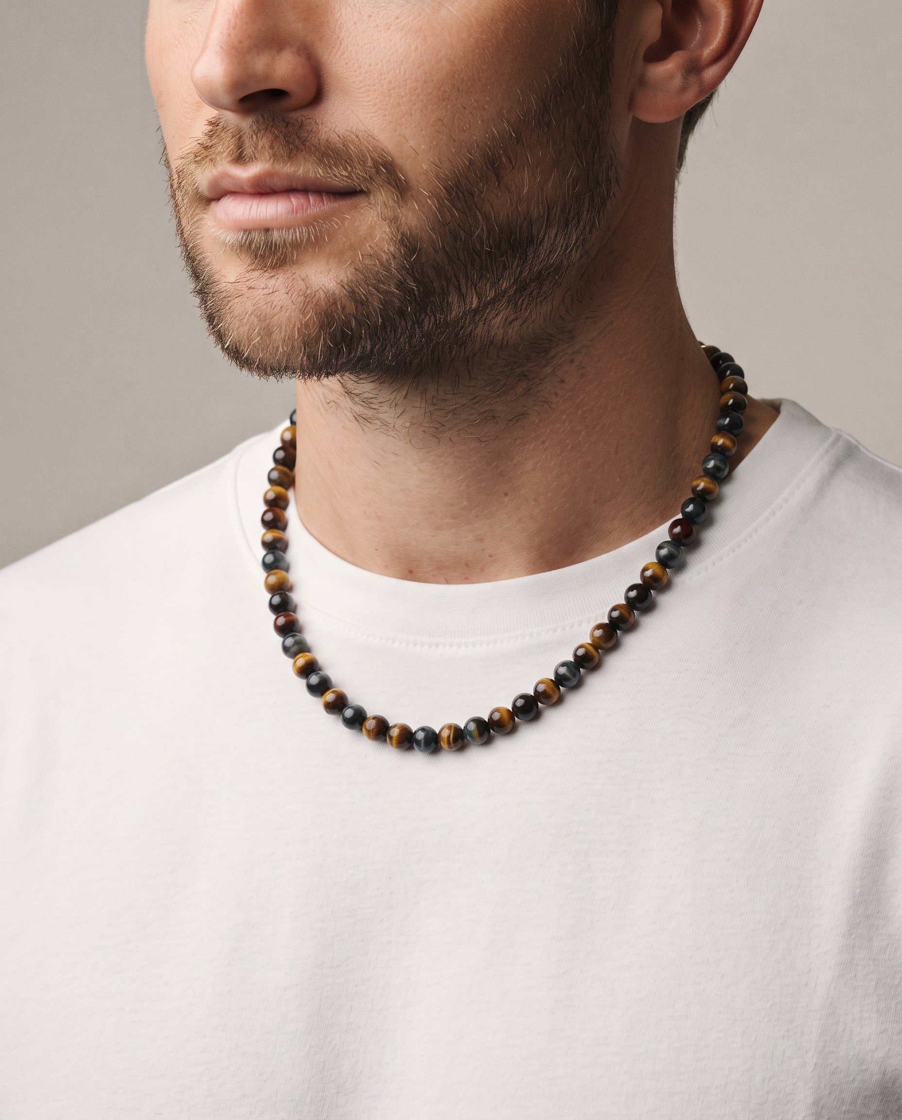 Dusk Tiger's & Hawk's Eye necklace, worn