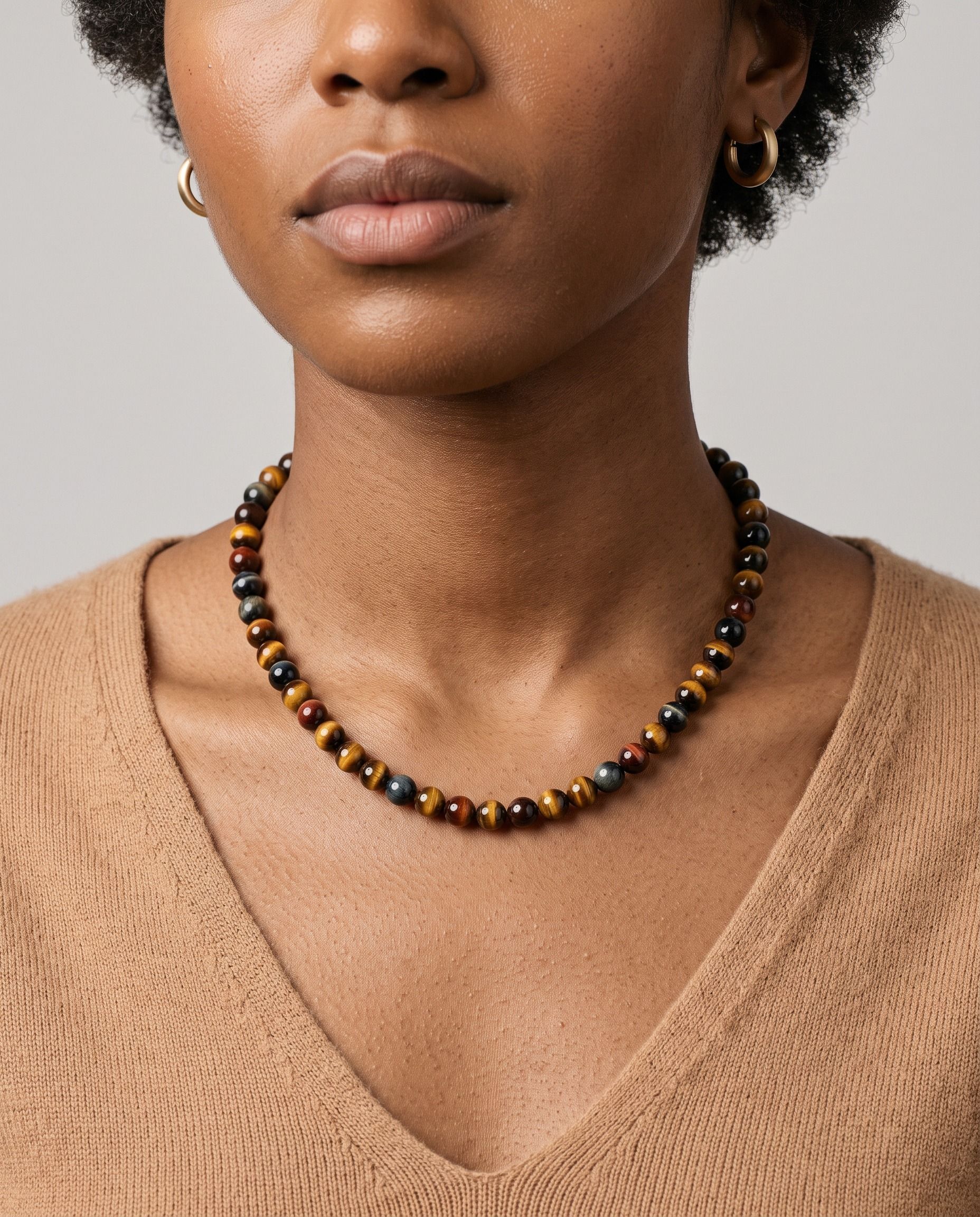 Dusk Tiger's & Hawk's Eye necklace, worn