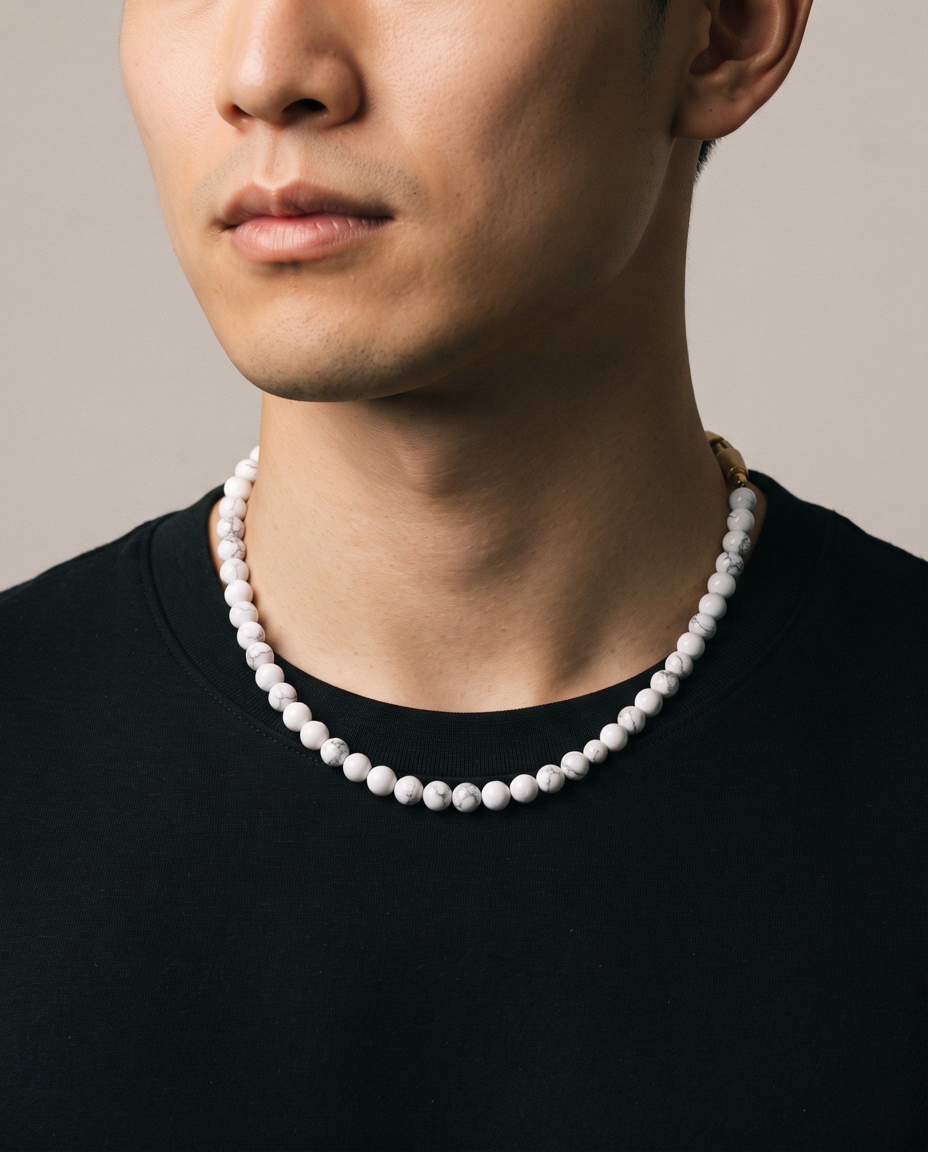 Chalk Howlite necklace, worn