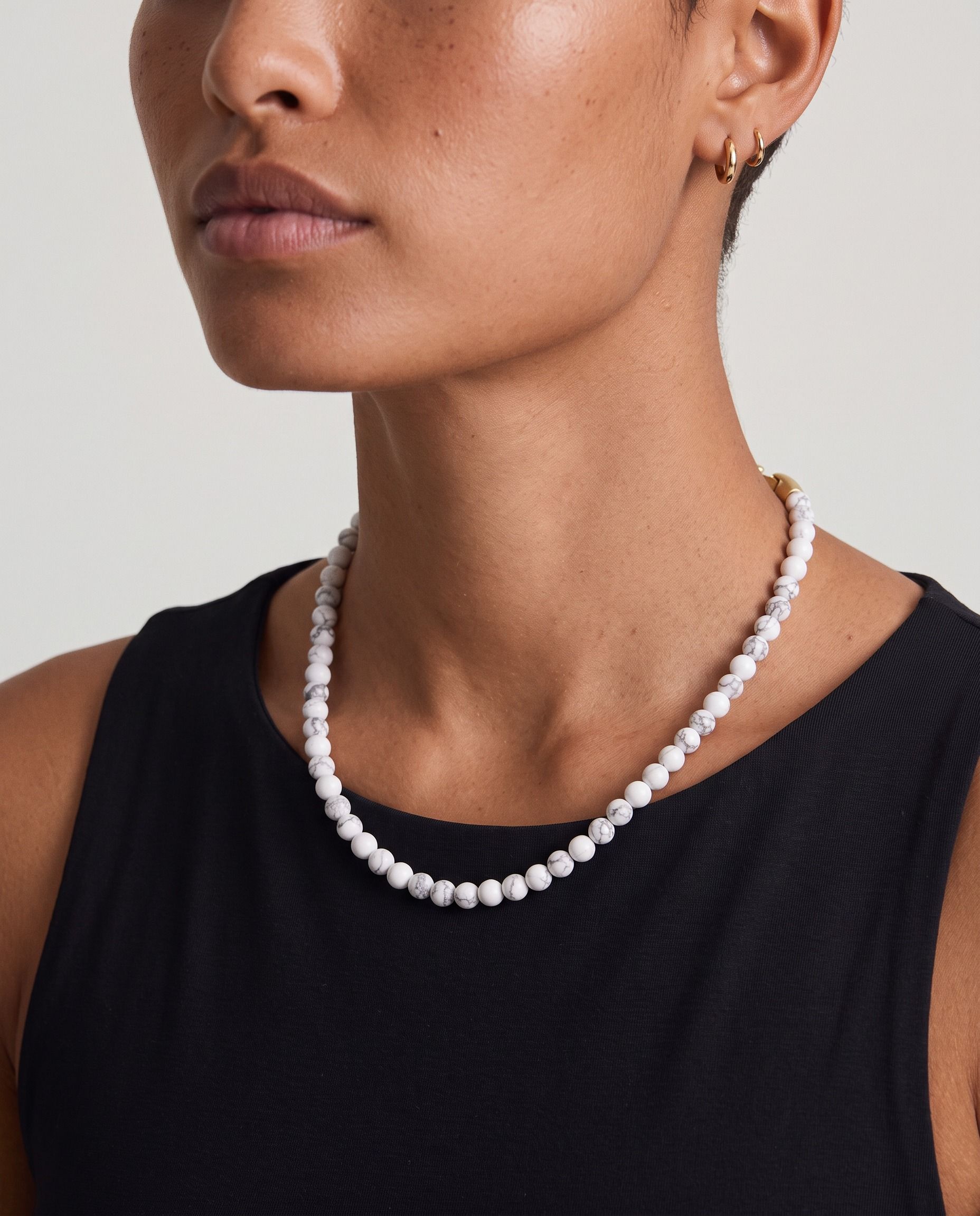 Chalk Howlite necklace, worn