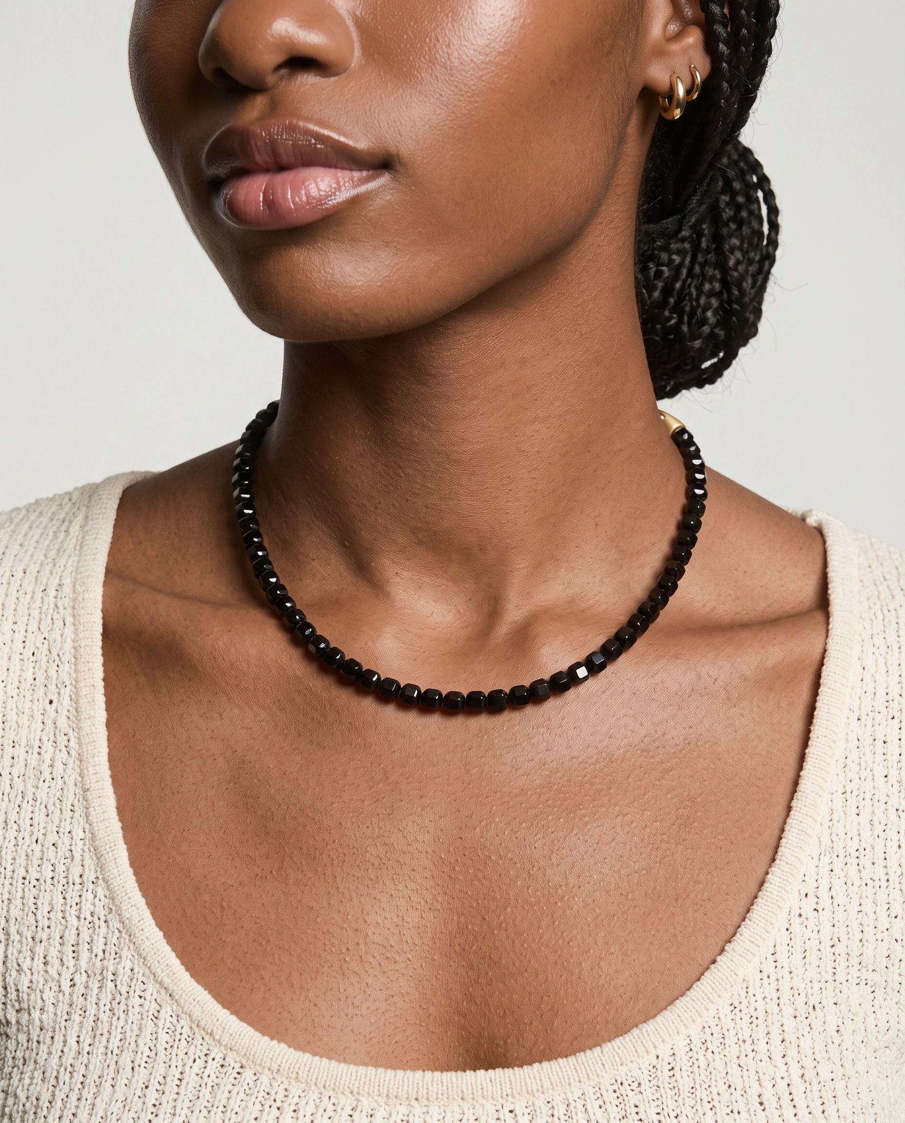 Ink Black Onyx necklace, worn