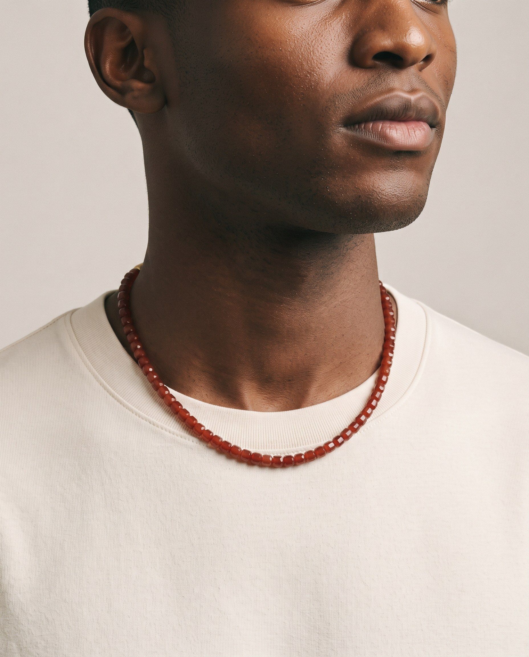 Ember Red Agate necklace, worn