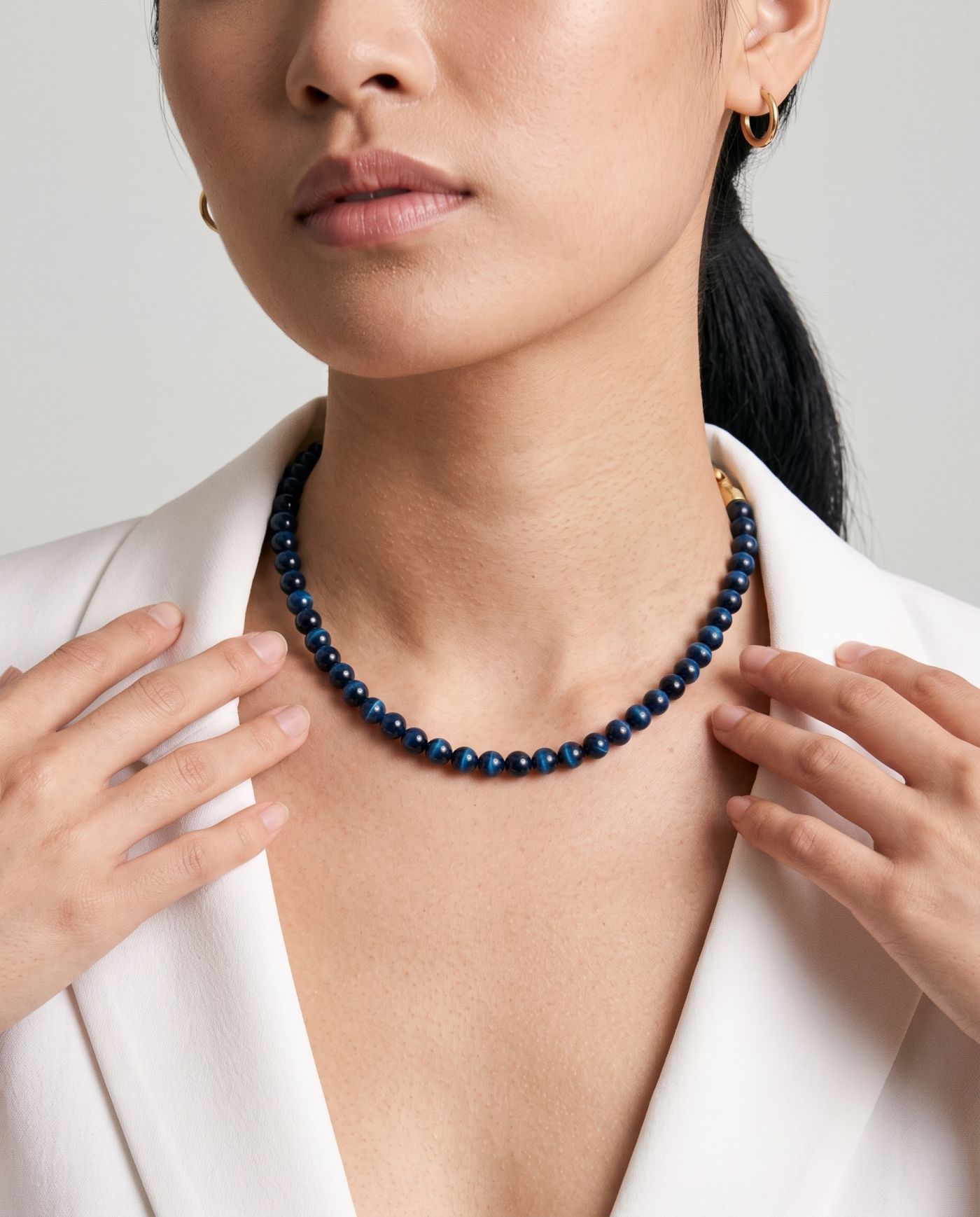 Tide Blue Tiger's Eye necklace, worn