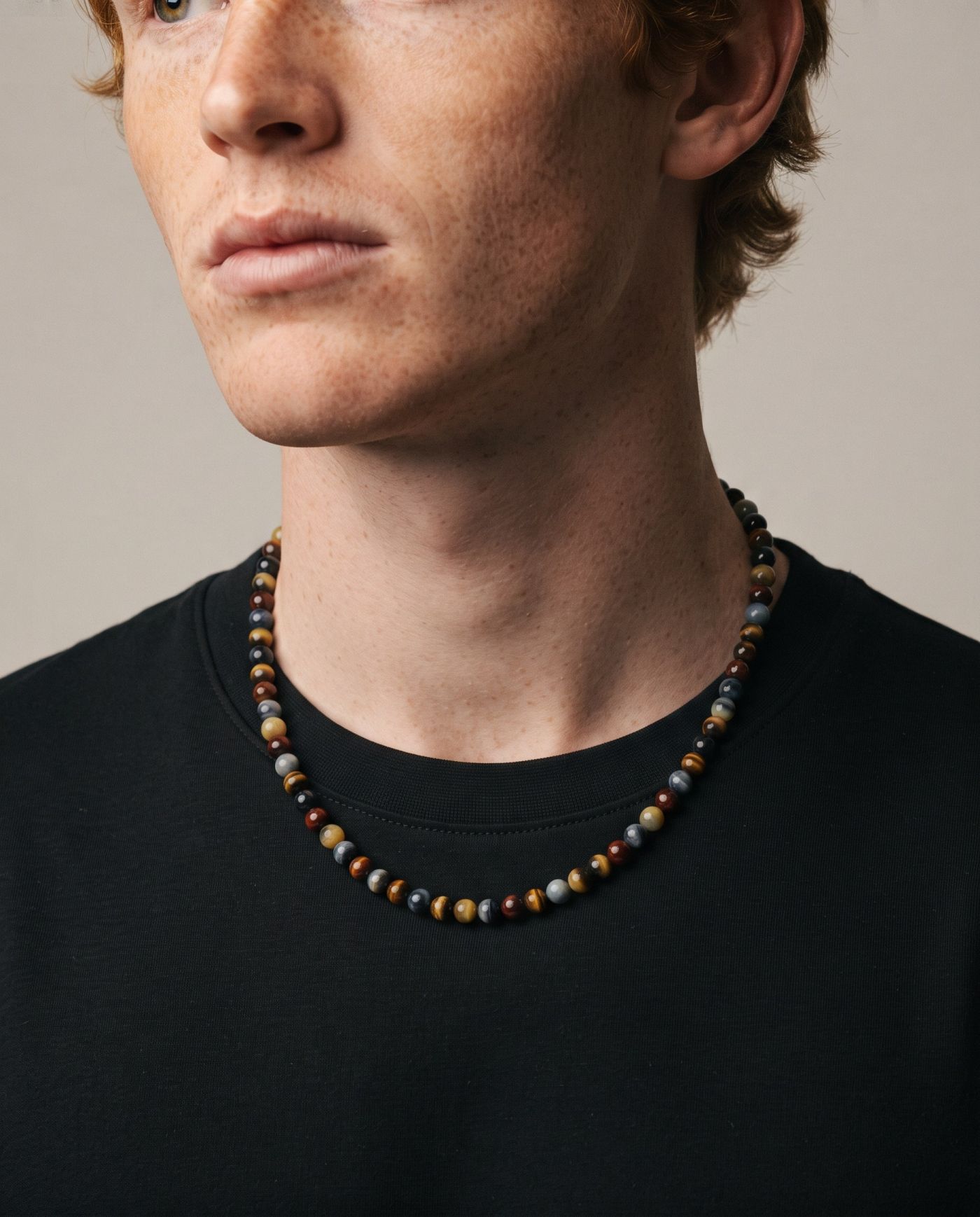 Mosaic Multicolour Tiger's Eye necklace, worn
