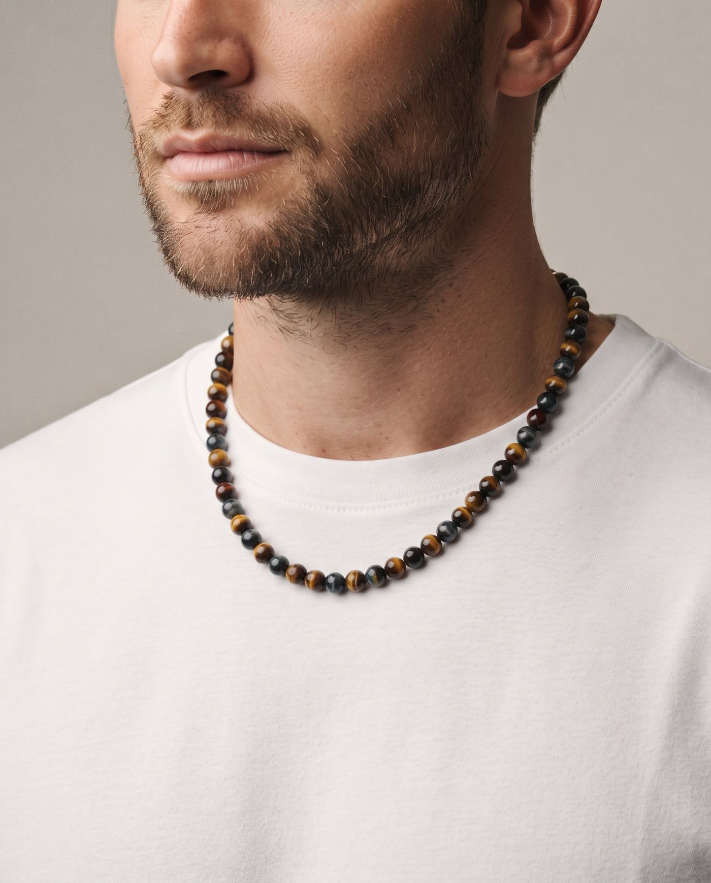 Dusk Tiger's & Hawk's Eye necklace, worn