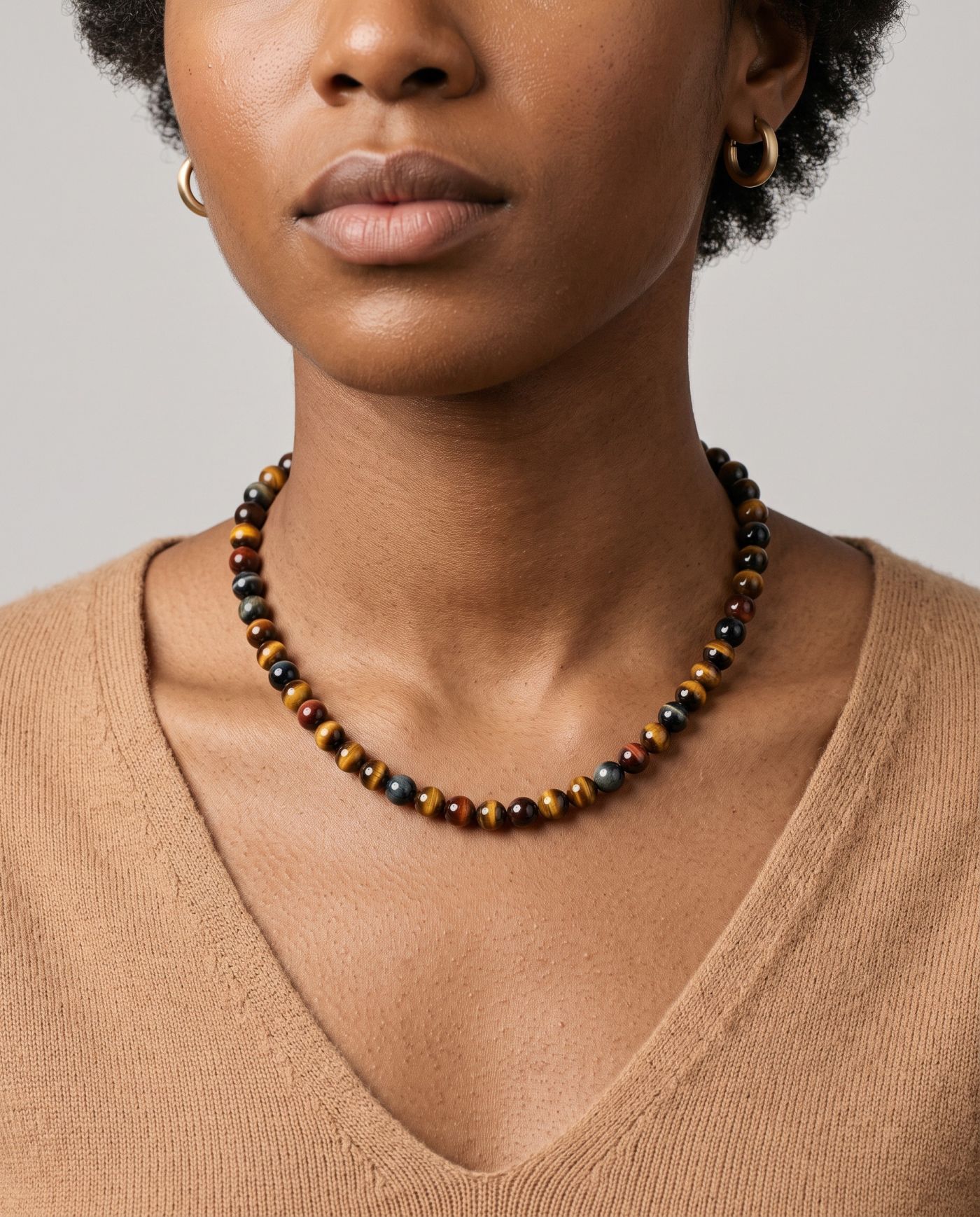 Dusk Tiger's & Hawk's Eye necklace, worn