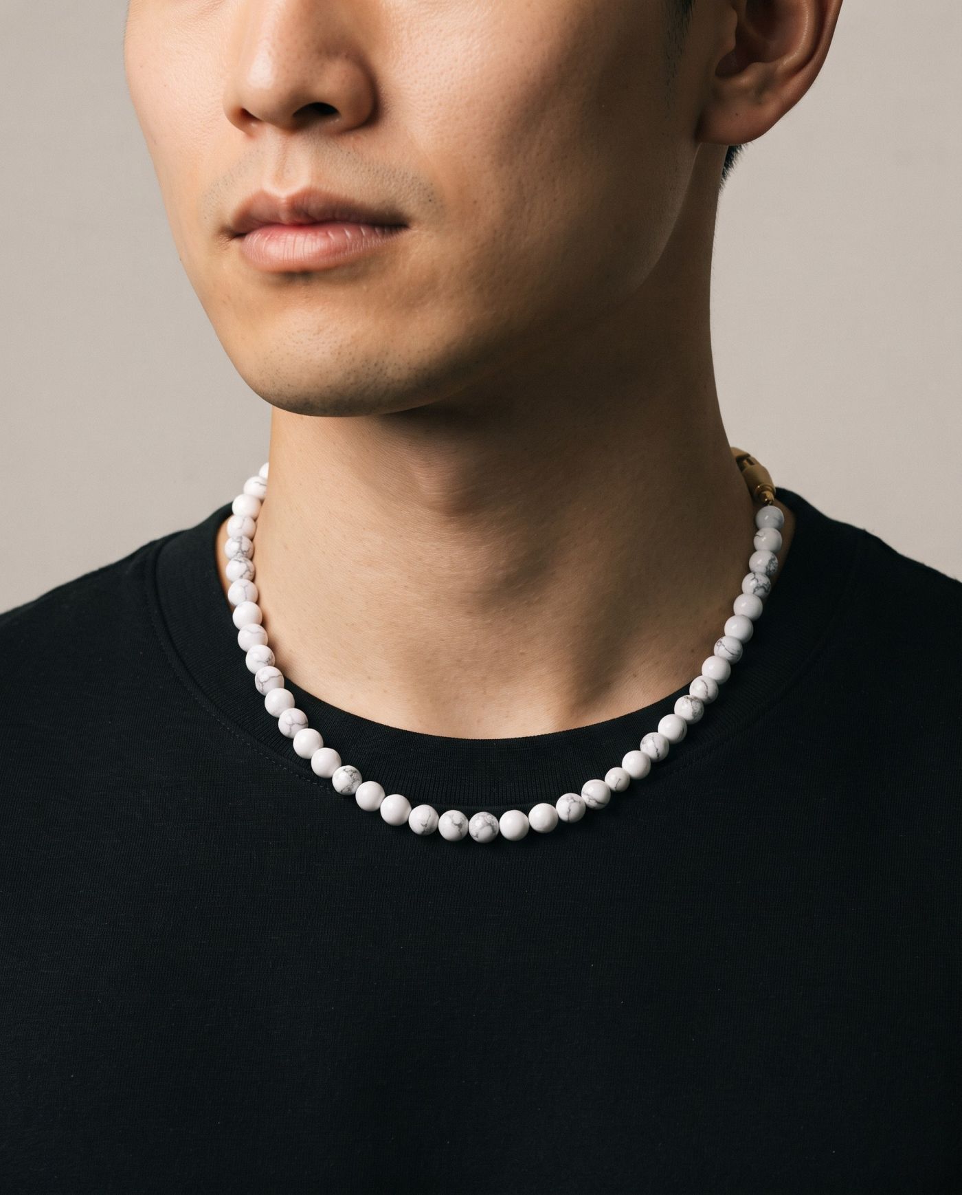 Chalk Howlite necklace, worn