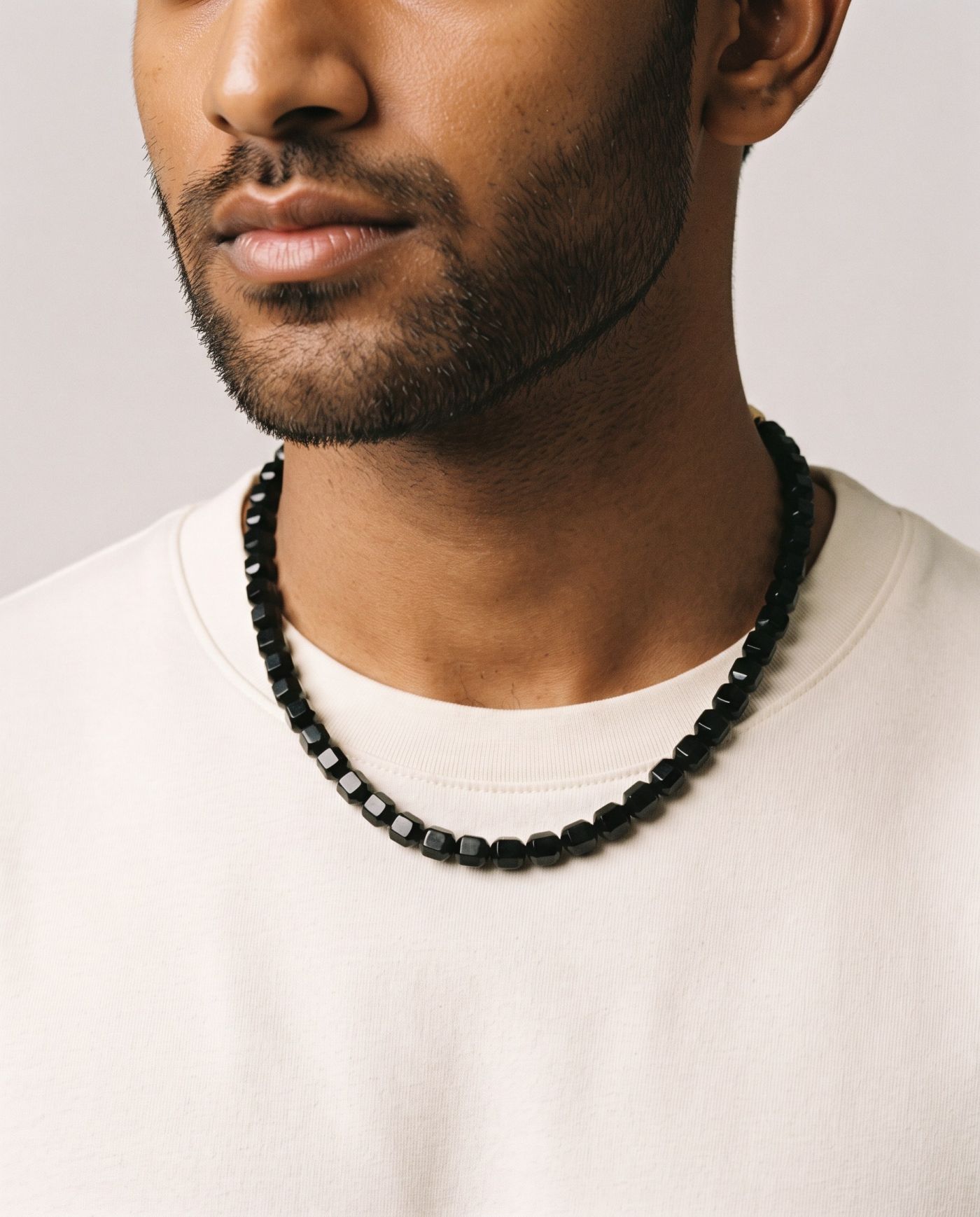 Ink Black Onyx necklace, worn