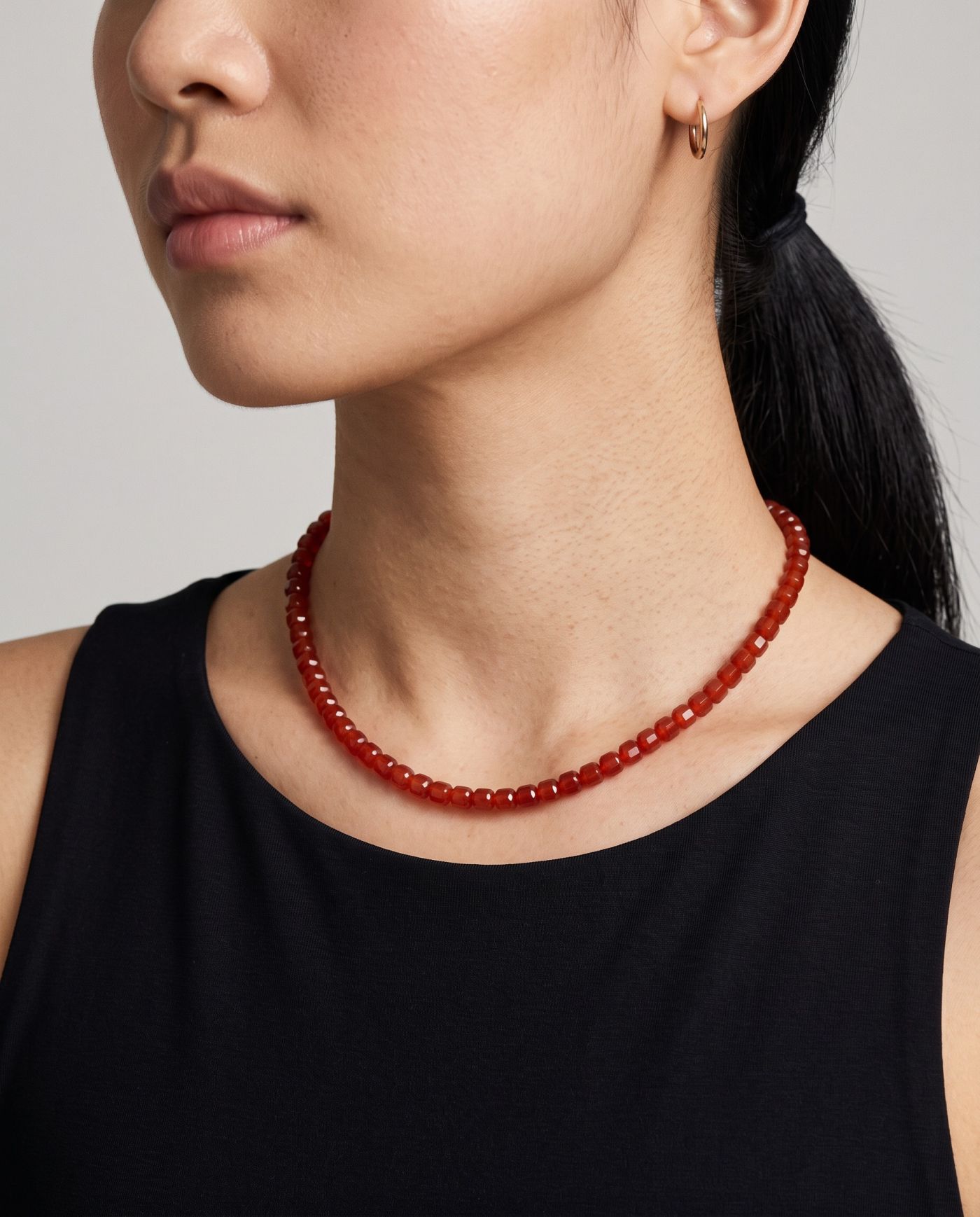 Ember Red Agate necklace, worn