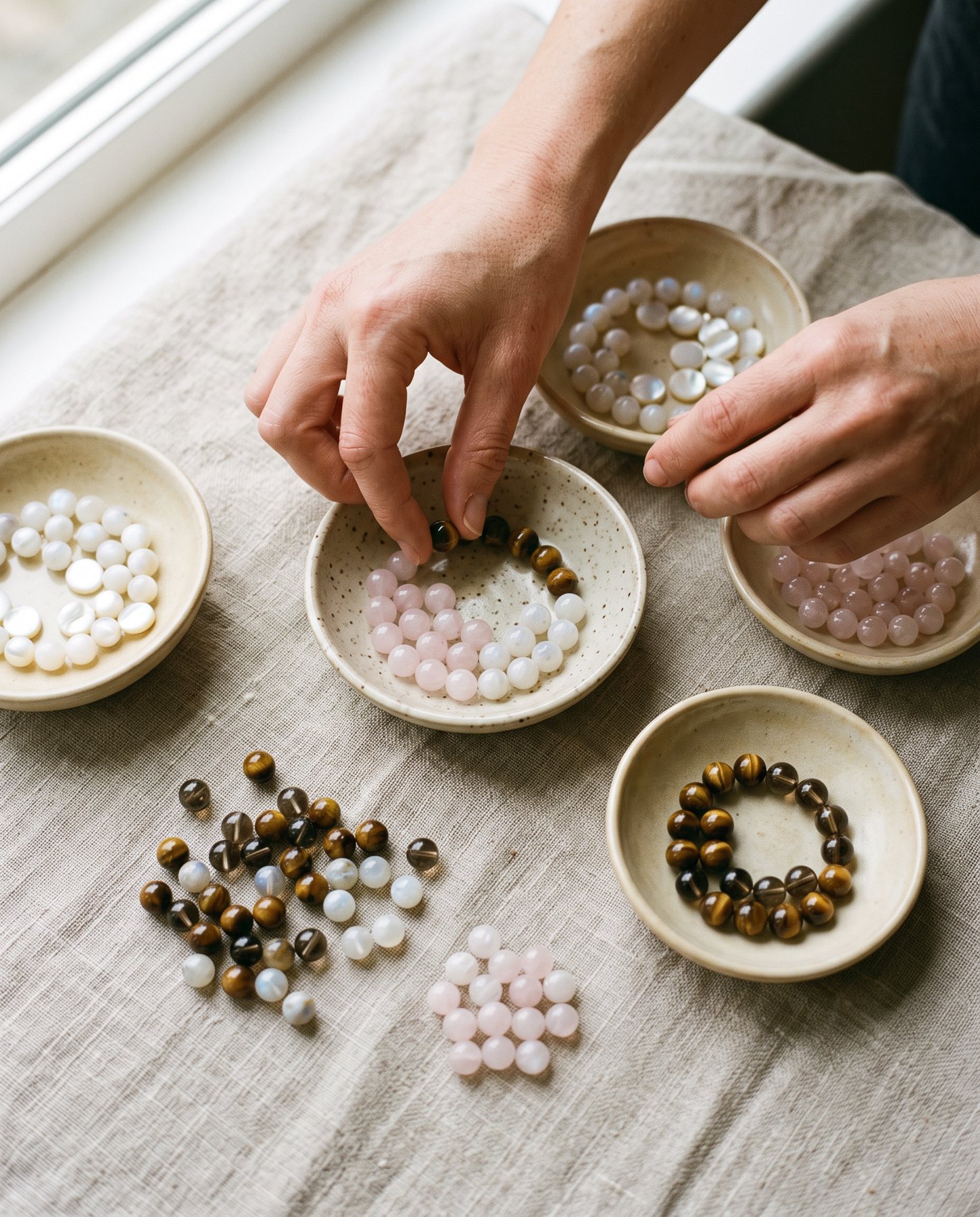 Hands sorting loose natural stone beads on linen