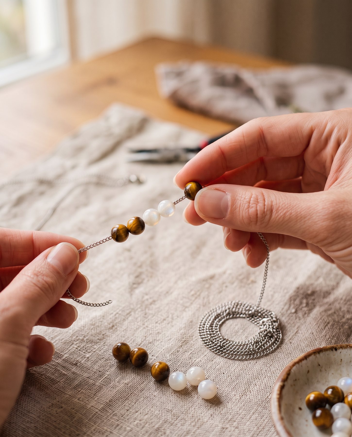 Threading stone beads onto a fine stainless steel chain
